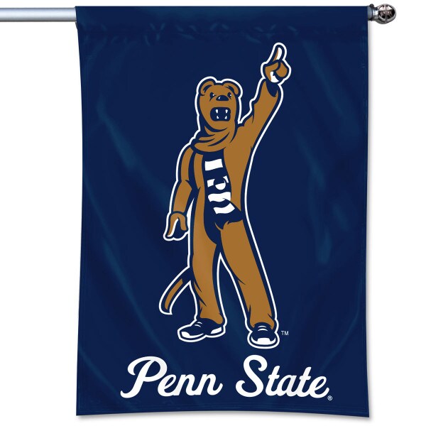 navy vertical flag with Nittany Lion Mascot above script Penn State